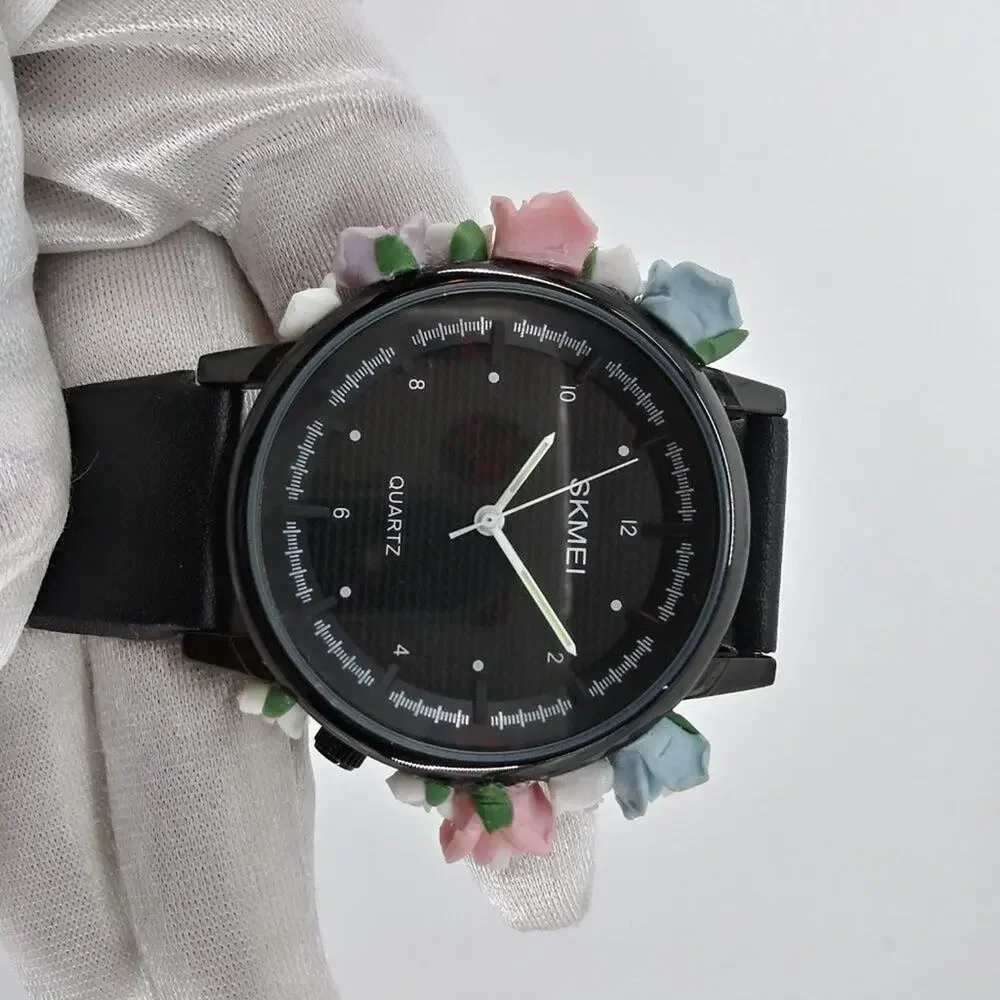 Skmei Women's Black Watch 3D Floral Flowers Water - Picture 7 of 8